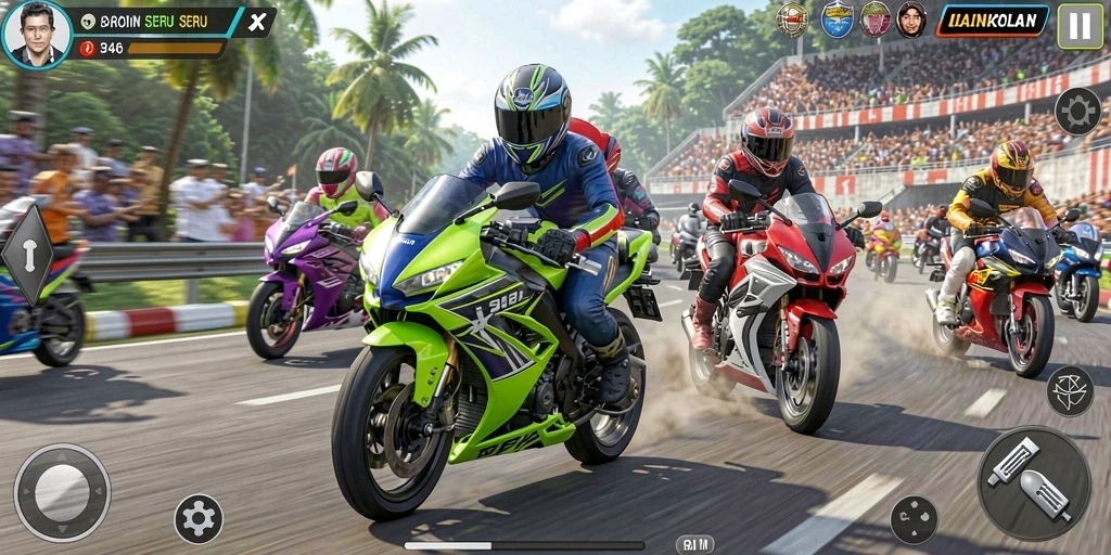 Tampilan gameplay seru di 3446 dengan balapan motor yang mendebarkan.