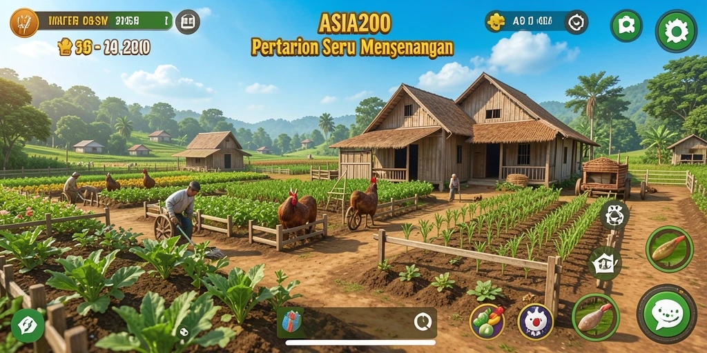 Tampilan gameplay seru di ASIA200, menampilkan ladang subur dan hewan ternak.