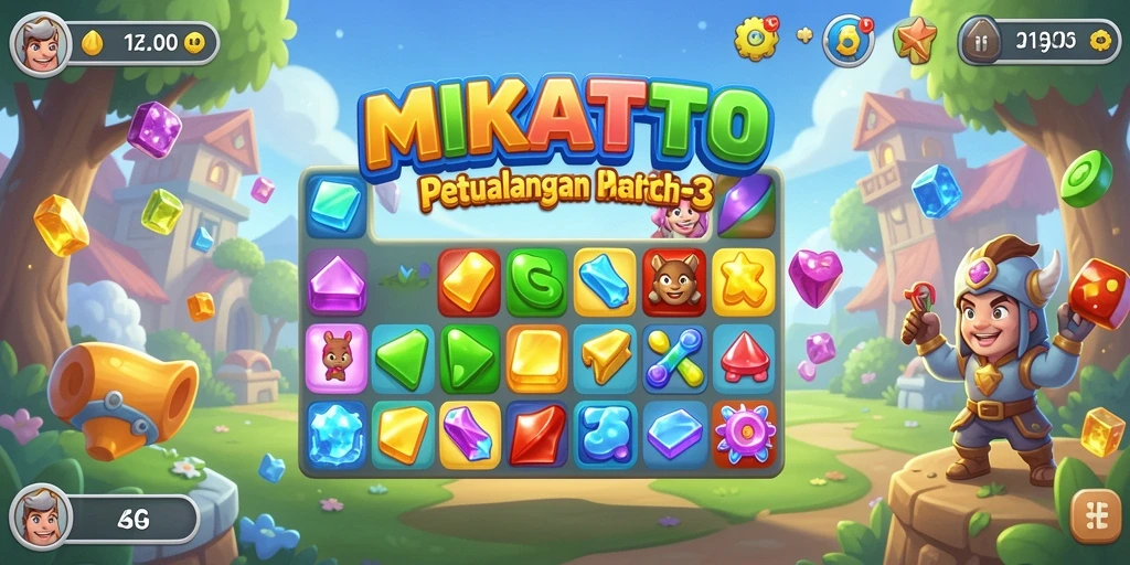 Tampilan gameplay MIKATOTO dengan karakter lucu dan tantangan Match-3.
