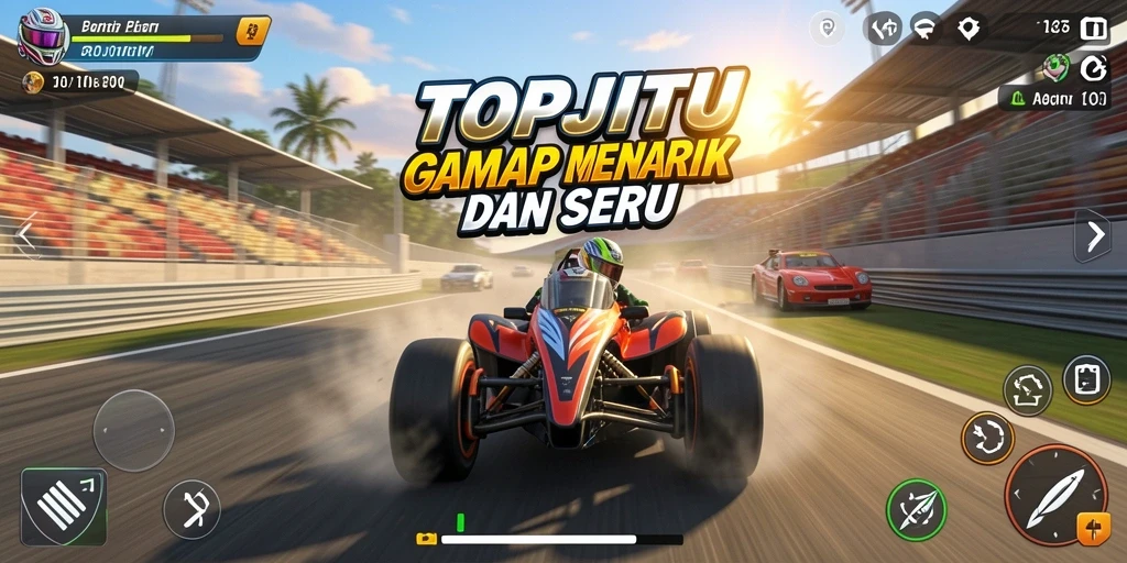 Tampilan gameplay seru dari TOPJITU dalam balapan di lintasan.