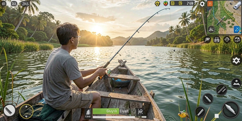 Tangkapan layar gameplay ZK6 yang menunjukkan suasana memancing yang menegangkan.